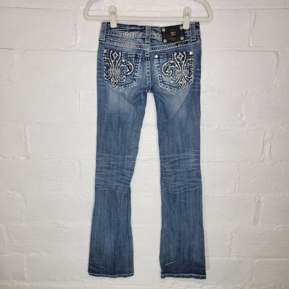 Miss Me Women's Size 27 Jeans Boot Fleur De Lis Rhinestones Studded - Picture 2 of 6